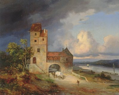 Paesaggio lungo il fiume con torre e porta, 1844 da Unbekannt Unbekannt